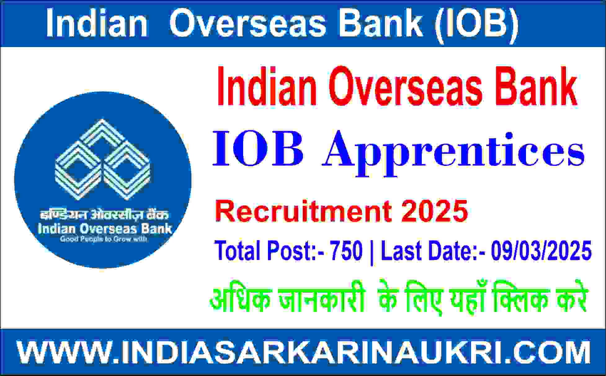 Indian Overseas Bank IOB Apprentice Recruitment 2025 Apply Online 750 Vacancies 